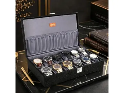 LEDO Men's and Women's Watch Box Organizer Case with 12 Slots in Black Color with Gray Velvet