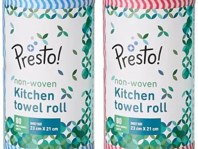 Amazon Brand - Presto! Non-Woven Kitchen Towel Roll | 80 Pulls (Pack of 2) | Size: 23 x 21 cm | Wavy Pattern (Red & Blue) | Washable and Reusable | Highly Absorbent | For Daily Use
