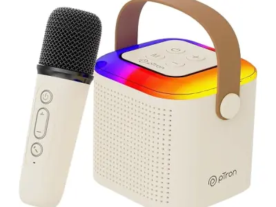 pTron Newly Launched Fusion Tunes 10W Mini Bluetooth Speaker, Wireless Karaoke Mic, 8Hrs Playtime, Vivid RGB Lights, Voice Effects, Multi-Play Modes BT5.1/TF Card & Type-C Charging