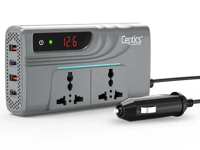 Ceptics 200W Car Power Inverter, Car Laptop Charger with 2 USB-A (3.1A Max) + 2 USB-C (PD 27W) Ports, 12V DC to 220V AC, SmartVoltage™ Technology, 2X Universal AC Outlet, 18 Months