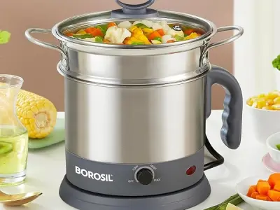 Borosil 1.3L Quick Made in India Electric Steel Kettle with Steamer | Temperature Control Knob, Overheat Protection | For Boiling & Steaming Vegetables, Momo, Egg, Tea, Coffee | 1