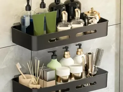 MorivaHomes Self Adhesive Bathroom Shelf for Wall Shelf Organizer Wall Mounted Bathroom Shelves Rack Holder Stand for Bathroom Accessories Organiser Without Drill (Black, Pack of 2