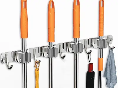 CUXIXA Mop and Broom Holder Wall Mount, Upgraded Broom Organizer Wall Mount, Stainless Steel Broom Hanger Wall Mount for Home Kitchen Garden Laundry Garage (4 Racks with 5 Hooks Si