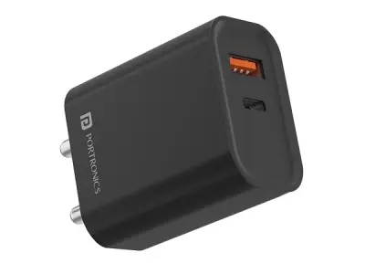 Portronics Adapto 45 GaN 22.5W Fast Charger, USB & Type-C Dual Port Wall Adapter, PD 3.0 Fast Charging Adaptor for iPhone, Android & Type C Devices (Black)