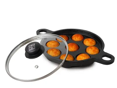 The Indus Valley Super Smooth Cast Iron Paniyaram Pan with Glass Lid | 9 Pit, 20.8cm/8.2inch, 2.7kg, Gas Compatible | Pre-Seasoned, 100% Toxin-Free, Naturally Non-Stick, Long Lasti