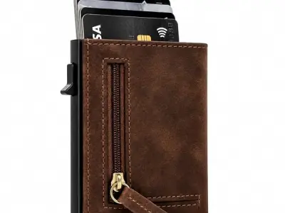 The Bae Gift Slim Leather Card Holder Wallet, Black, RFID Blocking, Zipper Pocket, Pop-Up Card Ejector (Brown)