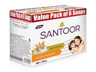 Santoor Skin Softening Sandal & Almond Milk Bathing Soap with Nourishing & Anti-Aging Properties| For Smooth & Soft and Younger-Looking Skin| For All Skin Types| 150g, Pack of 6