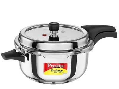 Prestige 5 Litre Stainless Steel Deluxe Alpha Svachh Outer Lid Deep Pressure Pan Cooker | 10Y Warranty | Deep Lid for Spillage Control | TRIPLY Base | GRS | Gas & Induction Compati
