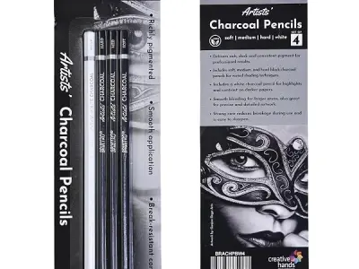 BRUSTRO Artists Charcoal Pencil - Set of 4 (3 Black Shade - Soft, Medium, Hard and 1 White - Medium) | Ideal for Drawing, Shading, Coloring, Sketching, Artwork, Portrait, Landscape