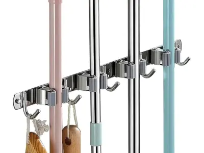 SorresaA Wall Mounted Mop and Broom Holder – Mop Stick Holder, Broom Stand & Storage Organizer for Home (4 Slot 5 Hook)