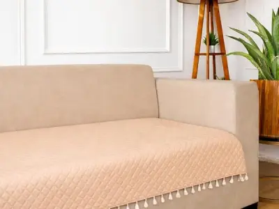 STITCHNEST 3 Seater Quilted Velvet Sofa Cover with Tassels | Elegant Beige Sofa Protector for Living Room | Soft, Washable | Perfect for Enhancing Living Room Interiors.