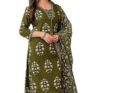 PARTHVI Women's Pure Cotton Printed Straight Kurta Set with Palazzo Pants & Dupatta- Ethnic Wear, Green