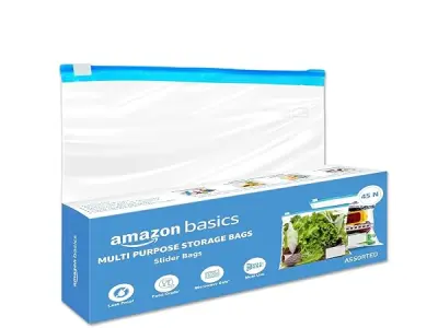 Amazon Basics - Multipurpose Slider Storage Bags | 45 Bags | Assorted Sizes, 15 Each - S, M, L | Reusable and Reclosable | Material Plastic | Leak- Proof | Food Grade | Microwave S