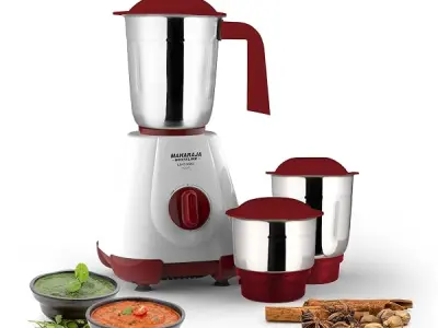 Maharaja Whiteline 500W Mixer Grinder with 3 Stainless Steel Jars with lid and 20,000 RPM Motor Speed (White & Cherry Red)