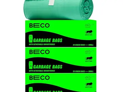 Beco Eco-Friendly Garbage Bags | 90 Pcs | Small- 17 x 19 Inches | 30 Bags x 3 Rolls | Green | Dustbin/Trash Bags with Detachable Drawstrings | For Dry & Wet waste