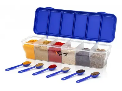 RILION Multipurpose 6-in-1 Masala Box for Kitchen| Airtight BPA-Free Plastic 6 Section Storage Container with 6 Spoons, 1800 ml Transparent Pickle Box for Spices| Dry Fruits, Snack