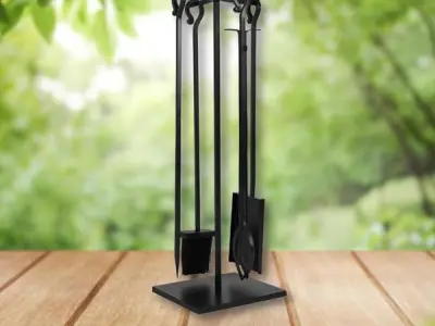 Caliente Modern Loop Handle Fire Tools Set – 4-Piece Heavy-Duty Fireplace Tool Set with Stand – Sleek Matte Black Finish – Durable Steel – Contemporary Hearth Accessory