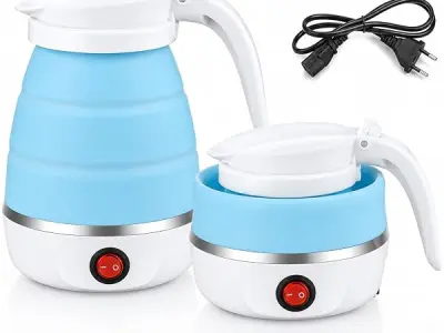 Sulfar Travel Foldable Fast Boiling Portable Electric Kettle - Silicone Food Grade Boil Dry Protection 220V -600ML for Most Travel and Home & Office Use (Blue/White/Pink)