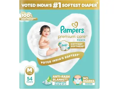Pampers Premium Care Pant Style Baby Diapers M 54 Count | No Marks Design | Voted India’s #1 So
