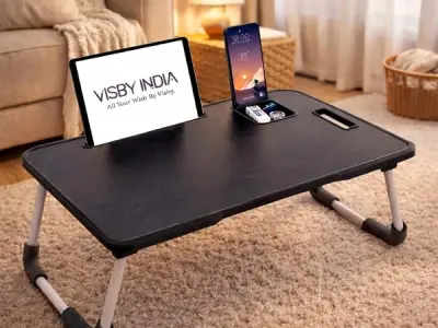 SPHENI Smart Multipurpose Foldable Laptop Table with Cup Holder, Study Table, Bed Table, Breakfast Table, Foldable and Portable/Ergonomic & Rounded Edges/Non-Slip Legs (Black NEW)