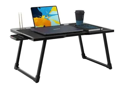 Cubiker Engineered Wood Multipurpose Foldable Lapdesk with Cup Holder | Table Home Study Writing Table, Foldable and Portable/Ergonomic Edges (Black - 60[L] X 40[W] X 24[H] Cm)