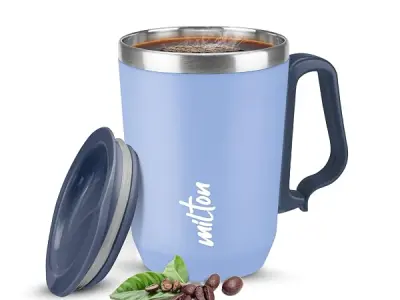 MILTON Cool Touch Coastal Coffee Mug 350 Double Walled 300 ml Inner Stainless Steel Tea Mug and Lid, Coffee Mug Travel Tea Cup, Black Coffee, Single, Blue