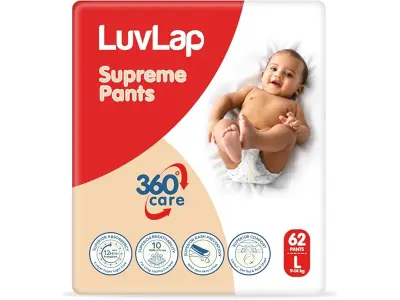 LuvLap Supreme Diaper Pants Large (LG) 9 to 14Kg, 62Pcs, 360° skin care with 10 million breatha