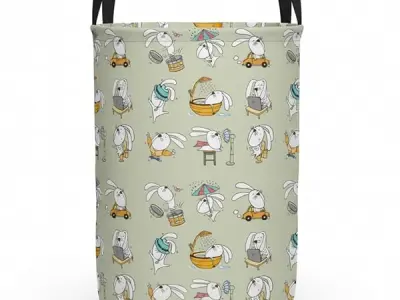 PrettyKrafts 45L Non Woven Bunny Printed Round Foldable Large Laundry Bag/Basket With Handles, Freestanding Clothes Storage Organizer for Bedroom, Bathroom (36x36x45cm, Grey, Set o