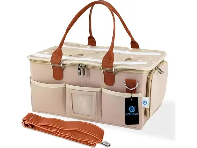 OCEANEVO Cute Felt Diaper Caddy Organizer Bag with Lid and Removable Shoulder Strap | Baby Bask