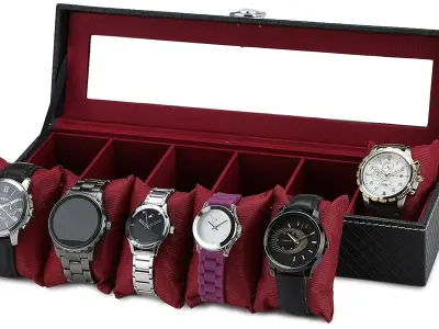 ZENWOOD Men Women 6 Slots Watch Box case organizer Leatherette Gift Box Black Color Watch Box (