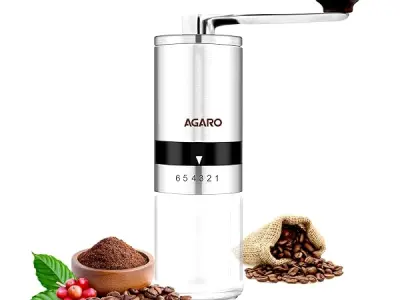 AGARO Elite Manual Coffee Grinder, Ceramic Grinder with Glass jar, 6 Adjustable Settings, Stainless Steel Body, Tooth Handle, No Power, Whole Bean, Drip Coffee, Espresso, Silver