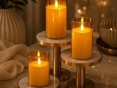 VERVENIX Flameless LED Pillar Candles with Clear Glass Effect Cover (Set of 3) – Battery Operated Flickering Candle Lights for Home, Parties, Weddings & Decoration