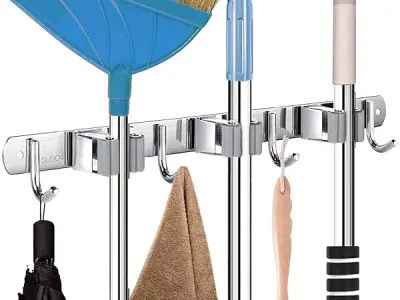Zollyss Broom Holder | Stainless Steel Wall Mounted Storage Organizer with 3 Racks and 4 Hooks, Broom Holder Wall Mount for Kitchen, Bathroom, Closet, Garage, Office, Garden (1 Pc)