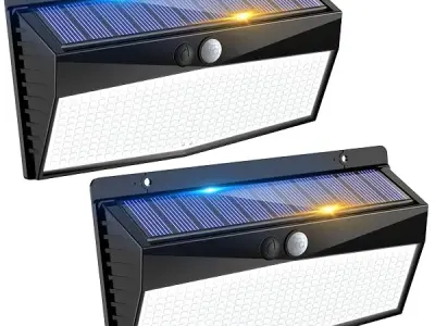 Peasur 368 LED Solar Motion Sensor Lights Outdoor Waterproof with 3 Modes | 2 Pack, Cool White, Black Frame, Solar Powered, Security Lighting for Outside Yard Wall Garden Backyard
