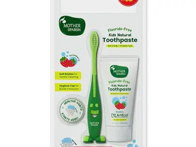 Mother Sparsh Natural Toothpaste for Kids-50g, Strawberry (With Free Toothbrush) | Strengthens Gums, Whitens Teeth | Preservative & Fluoride Free Baby Toothpaste | Anti Cavity + En