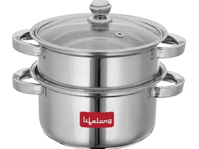 Lifelong 2-Tier Steamer/Momo/Modak Maker | Induction Compitable with Glass Lid & Riveted Handles | 20 cm Stainless Steel Multi-Purpose Cooking Steamer (LLMOM01) 2 Litre