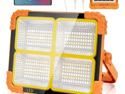 100W LED Construction Work Light, 10000LM Portable Rechargeable Spotlight with 12000mAh Battery, Solar & USB Rechargeable Flood Light, 4 Lighting Modes, IP66 Emergency Camping Ligh