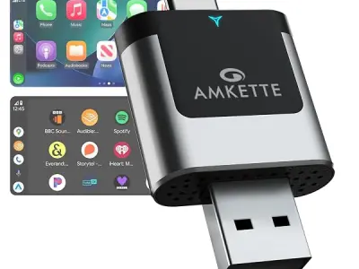 Amkette Drive 2 in 1 Wireless carplay Adapter & Android auto Wireless Adapter | WiFi 6 Low-Latency | BT5.4 Fast Pairing | Converts Wired to Wireless | USB-A & USB-C | Supports OEM