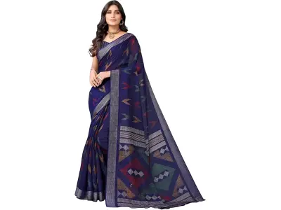 SIRIL Women's Cotton Printed Saree With Unstitched Blouse Piece