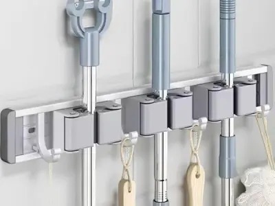 ginoya brothers Heavy Duty Wall Mounted Mop & Broom Holder Rack with Anti-Slip Slots and Hooks – Space Saving Organizer for Home, Kitchen, Bathroom, Garage & Garden Tools. (3 MOP H