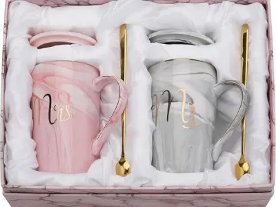NYRWANA Coffee Mug, Marriage Gifts for Wedding, Wedding Present for Couples, Mugs for Present, Diwali Gifts, Mr & Mrs Set of 2 Coffee Mugs, Lids, Golden Spoon & Beautiful Gift Box