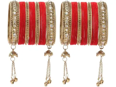 ZENEME Gold-Plated Matte Finish Velvet American Diamond Studded Gold Pearl Tasselled Bangles Se