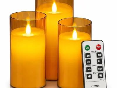 LTETTES Flameless LED Candles | Gold Acrylic Fiber Glass | Battery Powered with Remote Control & Timer | Decorative LED Set for Home, Festival & Wedding | Set of 3 (H-4",5",6" x D-