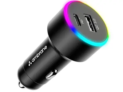 Ambrane 85W Car Charger, Mobile & Laptop Charging (Macbook & Type C Laptops), RGB Light, Dual Port Fast Charging, 65W Type C PD, 20W USB, Works with iPhone, Android, iPad & other D