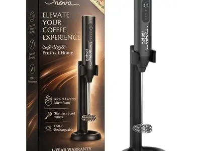 GetSetNova Rechargeable Milk Frother & Coffee Whisker with Dual Spring Tech | 1 Year Replacement Warranty | Free Coffee Frothing Recipe Book (Frother with Black Stand)