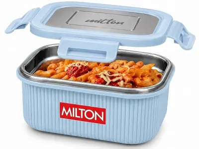 MILTON Cool Touch Square 400 Microwave Safe Stainless Steel Container, 380 ml, Blue, Food Grade, BPA Free, Refrigerator Safe, Odour Free