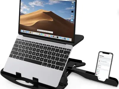 STRIFF Adjustable Laptop Tabletop Stand Patented Riser Ventilated Portable Foldable Compatible with MacBook Notebook Tablet Tray Desk Table Book with Free Phone Stand (Black)