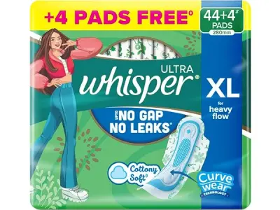 Whisper Ultra Upto No Gap No Leaks* Sanitary Pads, 48 XL Pads, For Heavy Flow Protection, With CURVEWEAR Technology, Cotton Like Softness, Disposable Wrapper, Locks Odour & Wetness