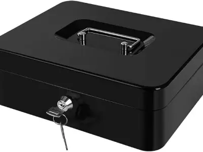 Wosta Cash Money Safe Box - Compact Solid Steel Lockable Security Storage Chest for Loose Money, Coins, Change & Valuables with 2 Keys - Removable Tray with 5 Coin Sections, 1 Bill