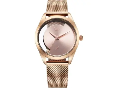 Fastrack Vyb Runway Quartz Analog Pink Dial Rose Gold Metal Strap Watch for Girls - FV60031WM01